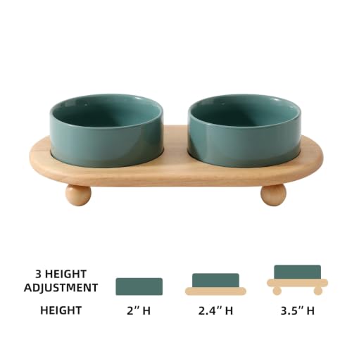 Havniva Raised Cat Bowl 5.1” Elevated Ceramic Cat Food and Water Bowl Set | Cat Bowls Elevated, Whisker Friendly Cat Bowl, Non-Slip Wood Stand, Food-Grade Ceramic, Wide Opening, Dishwasher Safe - color: Dark Green, size: 5.1inch - 2 Bowls+Stand
