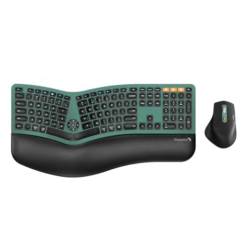 ProtoArc EKM01 Plus Wireless Ergonomic Keyboard Mouse Combo - Green | Full-size Split Keyboard with Cushioned Wrist Rest, Ergonomic Mouse, 3-Device Bluetooth/2.4G, USB-C Rechargeable - color: Green
