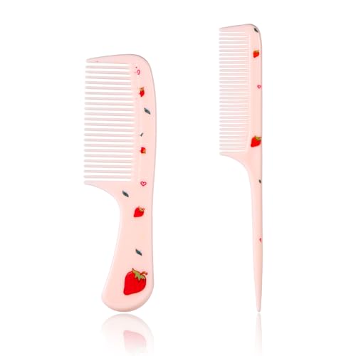 2pcs Baby Hair Comb Set, Pink Strawberry Mini Fine Tooth & Rat Tail Comb | Cute, Tiny, Small, Plastic, Parting Combs for Toddler Women Girls Kids All Hair Types, Hairbrush Tools Accessories - style: Strawberry