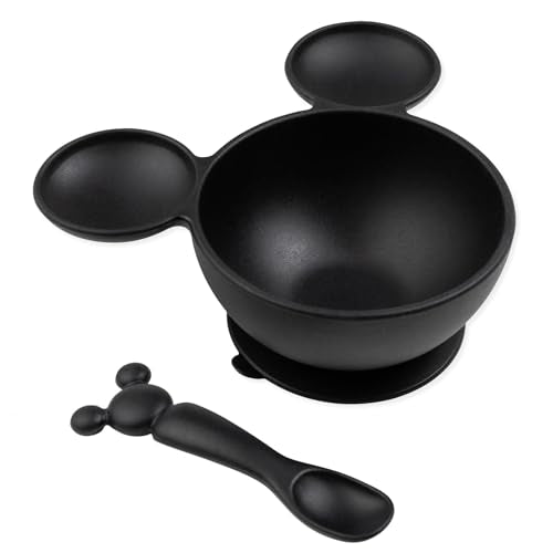 Bumkins Disney Mickey Mouse Bowl, Silicone First Feeding Set with Suction, Includes Spoon, Training Essentials for Baby-Led Weaning, Toddler Self-Feeding, Babies Eating at 4 Mos Up, Black - color: D3 Mickey Mouse-Blk, style: Disney
