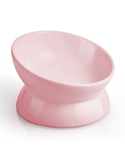 LoeJan Elevated Cat Food Bowl, 5 Oz Ceramic Raised and Tilted Water Bowl, Anti Vomiting and Protect Pets' Spines Dishes for Small Dog, Fat Faced Cat, Kitten (Pink, 1 Pack) - color: Pink