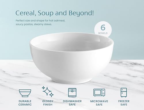 KooK Ceramic Soup bowls, Microwave, Dishwasher and Freezer Safe, Porcelain Dishes for Soup, Pasta, Salad, Oatmeal, Deep Interior, 24 oz, Set of 6, Marshmallow White - color: White, 6 Pack