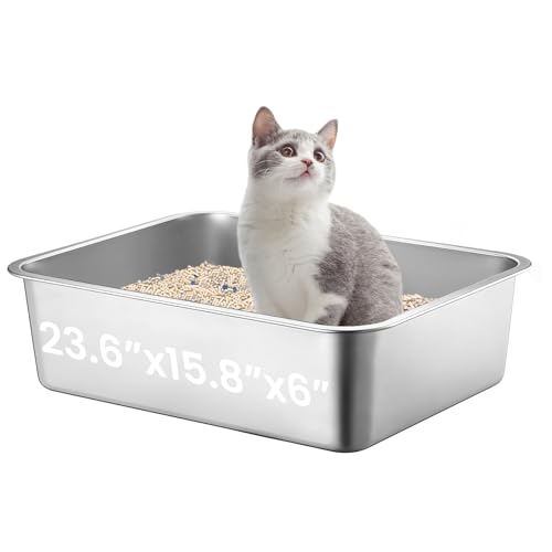 Extra Large Stainless Steel Cat Litter Box, 23.6"x15.7"x6" | Non-Sticky, Smooth Metal Litter Box for Indoor Cats, Leak-Proof, Easy to Clean, Non-Slip, High Sided, Easy Entry - size: 23.6”x15.8”x6”