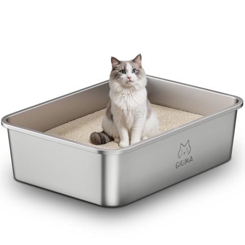 Qiuma Jumbo Stainless Steel Cat Litter Box, 27.5"×19.6"×7.8", XXL Metal Litter Pan with High Sides, Odor-Free, Non-Stick, Easy to Clean, Ideal for Extra-Large Cats & Multi-Cat Households - size: 27.5"L×19.6"W×7.8"H, style: ValuePro Series（No Handle）