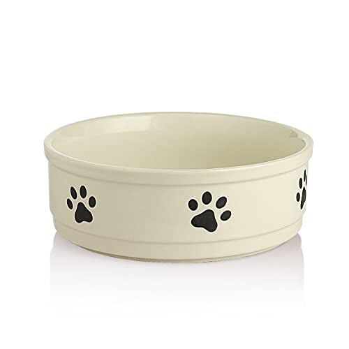 Sweejar Ceramic Dog Bowls with Paw Pattern, Dog Food Dish for Large Dogs, Porcelain Pet Bowl for Water 70 Fl Oz (Beige) - color: Beige, style: Paw Pattern,9"x 3.1"(70 Fl Oz)