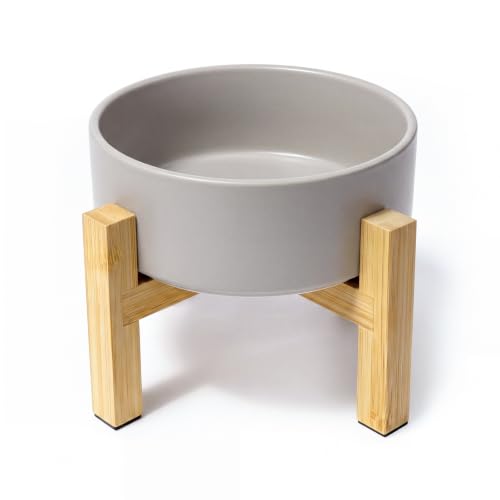 Elevated Ceramic Cat Bowl - Cat Food Bowl with Bamboo Stand - Raised Dog Dish for Puppies - Anti Vomiting, Stress Free - 13.5 oz / 400 ml - Grey - color: Grey, size: Small