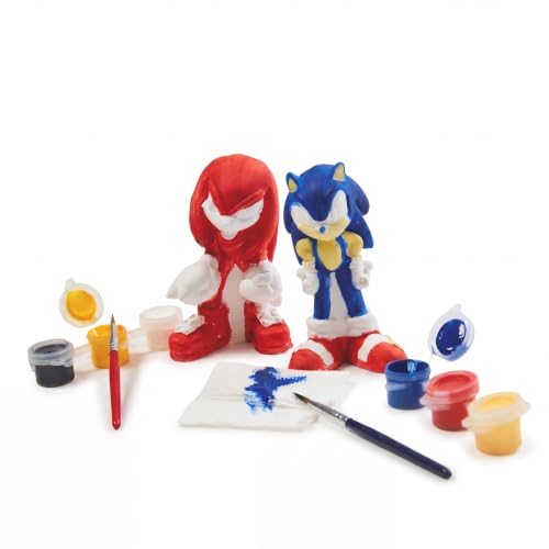Sonic the Hedgehog Paint Your Own Figurines Craft Kit with Sonic & Knuckles | Sonic Coloring Toy Gifts, Knuckles the Echidna 2 Ceramic Figures, 6 Paints, 2 Brushes, DIY Arts & Crafts Activity for Kids - style: Sonic