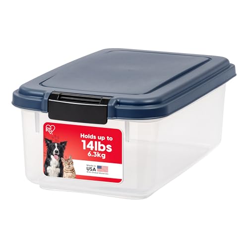 IRIS USA Airtight Dog Food Storage Container, Up to 14 lbs, Dog Cat Bird and Other Pet Food Treats Storage Bin, Dog Cat Wet Food Cans, Keep Fresh, BPA Free, Stackable, Navy | BPA-Free, Airtight Seal, Best for Cat Food, Bird Seed, Chicken Feed, Pet Toys, T