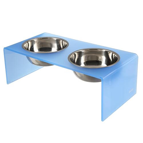 DBL2001C Keaton 7.5" Medium/Large Modern Acrylic Rectangular Elevated Pet Feeder with 54oz 2-Stainless Steel Bowls, Blue/Chrome - color: Blue/Chrome, size: 54 Ounces (7.5" Cups 2-Pack)