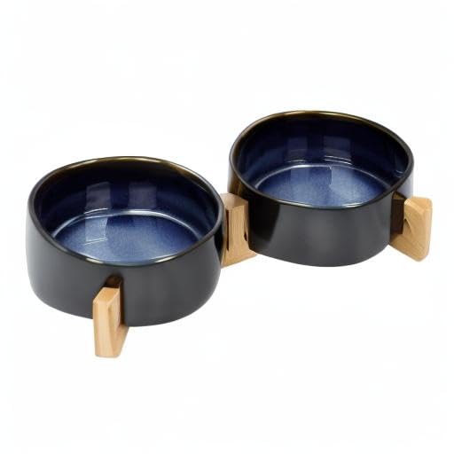 SPUNKYJUNKY Ceramic Dog and Cat Bowl Set with Wooden Stand, Modern Cute Weighted Food Water Set for Small Size Dogs (13.5OZ) & Medium Sized Dogs (28.7OZ) & Cats (1.7 Cups, 2 × Starry Blue) - color: Starry Blue × 2, size: 1.7 cups