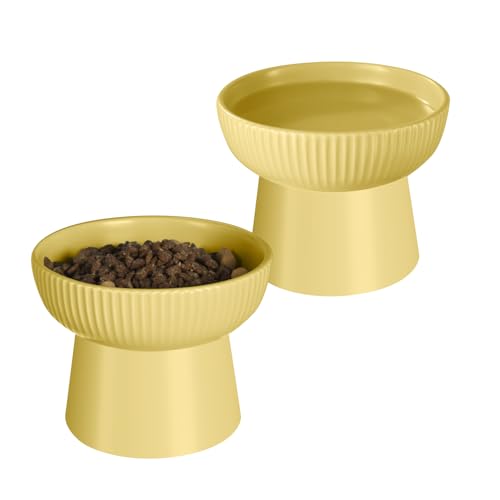 Ceramic Elevated Cat Bowls-Water Bowl, 15° Tilted Design, Anti-Vomiting & Spine Protection, Prevent Whisker Fatigue for Kittens to Adult Cats and Small Dogs (Yellow-Elevated Cat Bowls-2) - color: Yellow-Elevated Cat Bowls-2