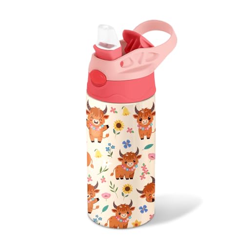 Highland Cow 12 oz Water Bottle with Straw – Kids Stainless Steel Vacuum Insulated Cup, Leakproof Pop-Up Spout, Reusable Travel Mug for Boys and Girls Outdoor Sports - color: Cow1