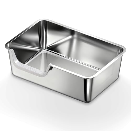 Stainless Steel Litter Box with High Sides,23.60" L X 15.7" W X 7.8" H,Extra Large Jumbo Cat Litter Box,XL Kitty Metal Liter Box for Indoor Big Cats,Non-Sticky,Anti-Leakage(Left Entry) - size: Left Entry (Long Side)