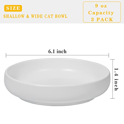 Ceramic Cat Bowls,Shallow Cat Dishes for Food and Water, 6 inch Matte Finish Wide Cat Food Bowl,Whisker Fatigue Free Pet Puppy Kitten Bowl Set of 3,Dishwasher Safe - color: White-3pack