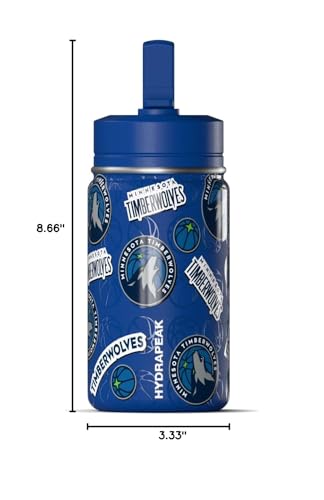 Hydrapeak NBA Officially Licensed Minnesota Timberwolves Mini 14oz Kids Stainless Steel Water Bottle with Straw Lid & Flexible Handle, Double Wall Insulated, Spill Proof, Perfect for Back to School - color: Minnesota Timberwolves