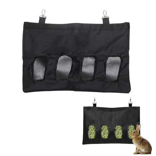 Rabbit Hay Feeder Bag Hanging Guinea Pig Hay Feeder with 4 Holes Large Capacity Oxford Cloth Hanging Hays Bag for Chinchilla Hamster Bunny Small Animal Pet Storage Pouch (Black) - size: Large
