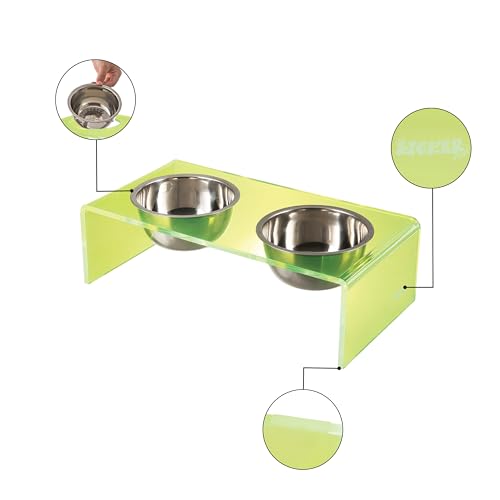 DBL2000G Keaton 5" Small/Medium Modern Acrylic Rectangular Elevated Pet Feeder with 20oz 2-Stainless Steel Bowls, Green/Chrome - color: Green/Chrome, size: 20 Ounces (5" Cups 2-Pack)