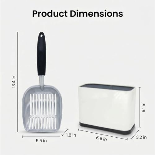Heavy Duty Cat Litter Scoop with Holder, Stainless Steel Kitty Litter Scooper Caddy for Litter Box, Full Metal Speed Sifter Captures All Clumps, Easy to Clean - color: White