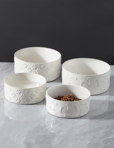 UBEE Ceramic Dog Bowl Set of 2, Dog Food Bowl Dish, Pet Food Water Dish Feeding for Small and Meidum Dogs and Large Cat, White, Bone Pattern, 6.1 in-Medium - size: 6.1 in-Medium