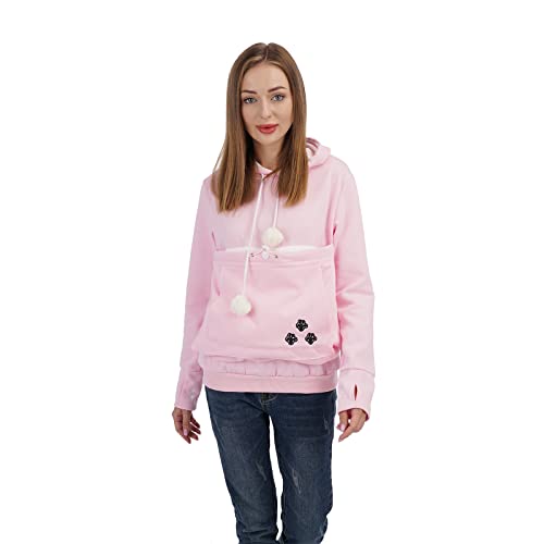 Unisex Big Pouch Hoodie Long Sleeve Fleece Pet Dog Holder Carrier Pullover Sweatshirt… - color: Pink, size: Medium