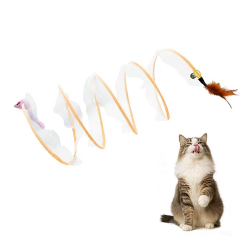 Andiker Cat Tunnel Toy, 10inch Collapsible Metal Cat Spring Toy with Nylon Mesh, Feather, Mouse, and Bell, Interactive Cat Toys for Indoor Cats to Scratch, Puzzle, Relax and Kill Time (Mouse) - color: Mouse
