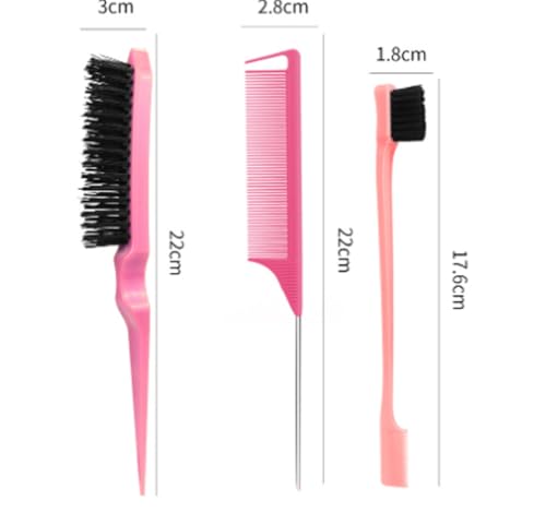 Pink Hair Brush Set - 3 Pcs, Slick Back, Rat Tail, Teasing Comb for Kids and Baby Hair Smoothing