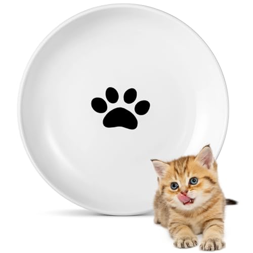Ceramic Cat Food Plates: Cat Wet Food Bowls/Whisker Fatigue Cat Dishes & Shallow Bowls for Kittens and Small Animals1 | For wet/dry food; fits kittens, rabbits, hamsters; microwave & dishwasher safe; stable paw-print design