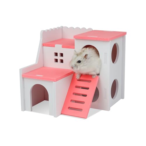 WishLotus Hamster House, Luxury Small Animal Hideout with Funny Climbing Ladder Exercise Toys Two Layers Hut for Dwarf Hamster, Rat, Gerbil, Mouse, Small Syrian Hamsters (Pink)