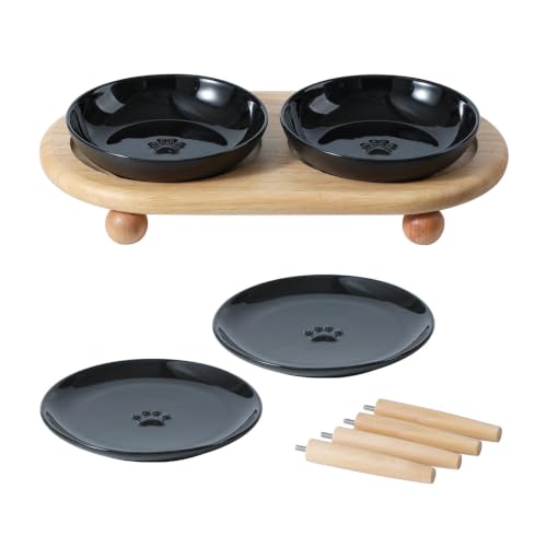 Havniva Elevated Cat Bowls, Cat Food and Water Bowl Set, Ceramic Cat Bowl | Raised Cat Food Bowls, Whisker Friendly, 5.6” Shallow Cat Dishes + 6” Wide Cat Plates, Non-Slip Wood Stand, Two Heights - color: Black, size: 2 Bowls+2 Dishes