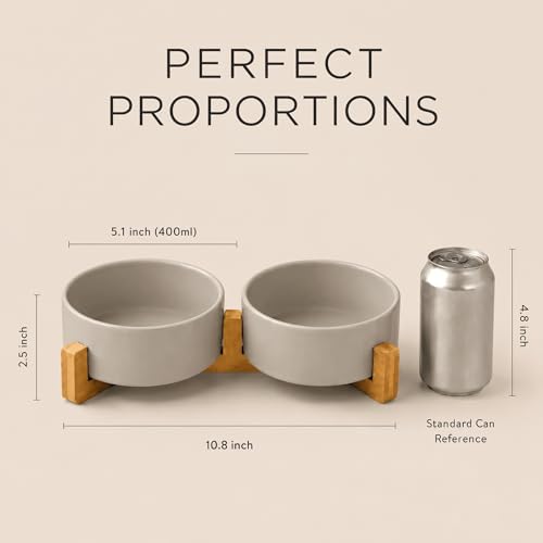 SPUNKYJUNKY Ceramic Dog and Cat Bowl with Wood Stand Non-Slip Matte Glaze Weighted Food Water Set for Cats &Small Dogs 13.5OZ - color: Grey × 2, size: 1.7 cups