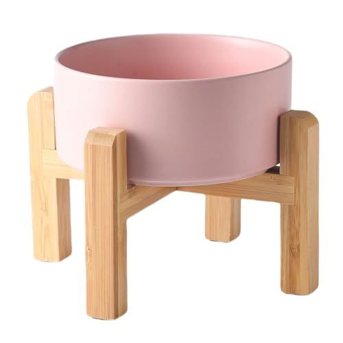 6'' Ceramic Raised Dog Bowl - 30Oz Dog Food & Water Bowl with Elevated Non-Slip Bamboo Stand, Dishwasher & Microwave Safe, Anti Vomiting Heavy Duty Pet Bowl for Small and Medium Dogs, Pink - color: 1 x Bowl + Stand - Pink, size: 6 inch