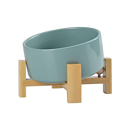 SPUNKYJUNKY 15° Slanted Ceramic Dog and Cat Bowl with Wooden Stand, Tilted Bulldog Food and Water Bowl No Slip Non-Spill for Cats Medium Dogs Big Face Pets 28.7 OZ (3.6 Cups, Light Green) - color: Light Green, size: 3.6 CUPS × 1