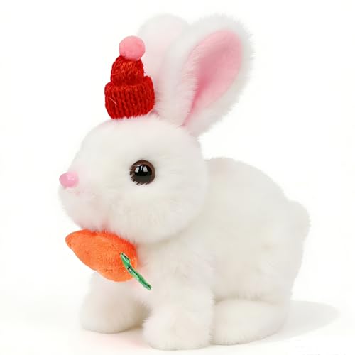 Easfan Bunny Plush Jumping Spotted White Rabbit with Hat Hopping Ears Nose Moving Educational Plush Toy Singing Shaking Glowing Interactive Toy Electric for Toddlers Kids - style: Bunny_White_Hat