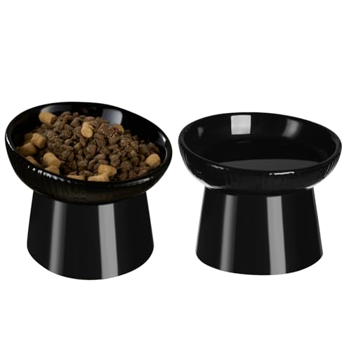 Ceramic Elevated Cat Bowls-Water Bowl, 15° Tilted Design, Anti-Vomiting & Spine Protection, Prevent Whisker Fatigue for Kittens to Adult Cats and Small Dogs (Black-15° Cat Bowls-2) - color: Black-15° Cat Bowls-2