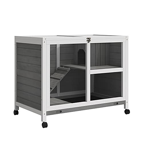 PawHut Rabbit Hutch with Wheels, Desk and Side Table Sized, Wooden Rabbit Cage, Waterproof Small Bunny Cage with Removable Tray, Openable Roof, for Indoor & Outdoor, Gray | Wooden Rabbit Cage, Waterproof Small Bunny Cage, Removable Tray, Openable Roof, fo