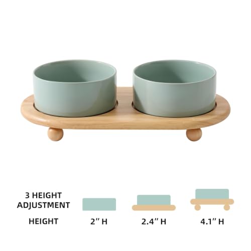 Havniva Raised Cat Bowl, 6.1” Elevated Ceramic Cat Food and Water Bowl Set | Cat Bowls Elevated, Whisker Friendly Cat Bowl, Non-Slip Wood Stand, Food-Grade Ceramic, Wide Opening, Dishwasher Safe - color: Light Green, size: 6.1inch - 2 Bowls+Stand