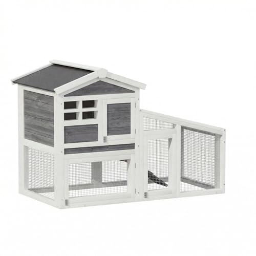 2-Tier Wooden Rabbit Hutch - 54" Indoor/Outdoor Bunny Cage with Weatherproof Asphalt Roof, Non-Slip Ramp & Removable Tray, for Rabbits Guinea Pigs Chickens Grey | Grey Bunny Hutch With Weatherproof Asphalt Roof, Non-Slip Ramp, for Rabbits Guinea Pigs Chic
