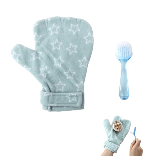 1Pcs Hamster Bite Proof Glove and Grooming Brush Set, Adjustable Hamster Glove, Lid Soft Cleansing Brush Massage Combs, Guinea Pig Brush, Hamster Care Set for Hamsters, Ferrets, Hedgehog (Green Stars) - color: Green Stars