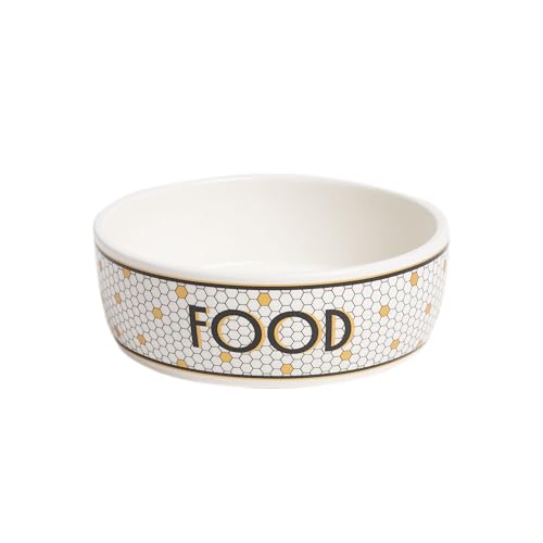 Pearhead Ceramic Dog Bowl, Small/Medium 2.25 Cups/ 18 oz, Bistro Tile | Honeycomb with Gold Accents Stoneware Pet Food & Water Bowl for Small Dogs, Weighted Non-Plastic Feeding Dish - color: Bistro Tile Bowl, size: Small