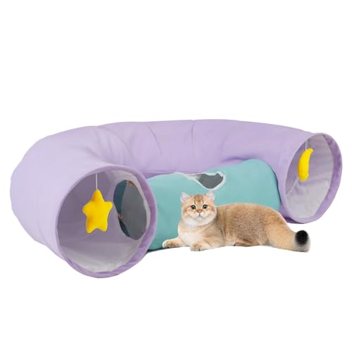 Cat Tunnel, Large Indoor Durable Collapsible Interactive Cat Tube with Peek-A-Boo Hole, Hanging Toys, and Crinkly Paper Lining - Cute Tunnel for Cats, Kittens, Puppies & Rabbits, Purple - color: PurpleBlue