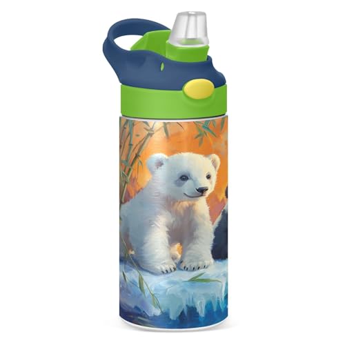 OTVEE Polar Bears Pandas Kids Water Bottle with Straw Lid Insulated Stainless Steel Cup Insulated Tumbler for Boys School 12 oz - color: Polar Bears and Pandas