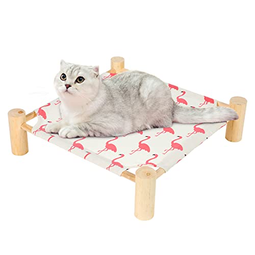 Patas Lague Cat Hammock Bed Small Eleveted Dog Bed 19x19 in Flamingo | Brethable Wooden Pet Bed, Cooling Rabbit Cot, Outdoor Cat Furniture For Summer - color: Flamingo