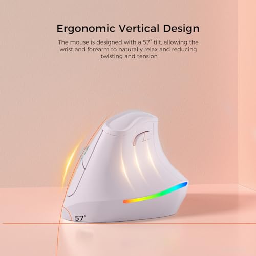 KYSONA 57° Wireless Ergonomic Mouse, Vertical Mouse, Carpal Tunnel Mouse, RGB Light, Rechargeable, Bluetooth & 2.4G, 5-Level DPI Adjustment, Quiet Click Ergo Mice Compatible with PC/Laptop/Mac, Pink