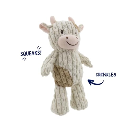 Linzy Plush Cow Dog Toy, Soft Squeaky Chew Toy for Small Medium Large Dogs, White and Tan, Interactive Pet Toy, 12 Inch