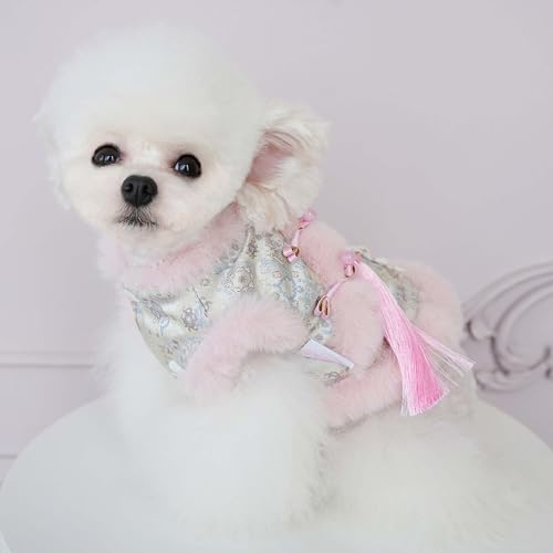 Dog Chinese New Year Clothes Cat Tang Costume Outfit,Tassels Dog Cheongsam Tang Suit,Winter Fleece Pet Jacket Clothes (Pink+Blue, XS(Bust12.5inch|Weight 1-3LBS)) - color: Pink+Blue, size: XS(Bust12.5inch|Weight 1-3LBS )