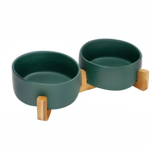 SPUNKYJUNKY Ceramic Dog and Cat Bowl with Wood Stand Non-Slip Matte Glaze Weighted Food Water Set for Cat Medium Dog 28.7 OZ - color: Green × 2, size: 3.6 cups