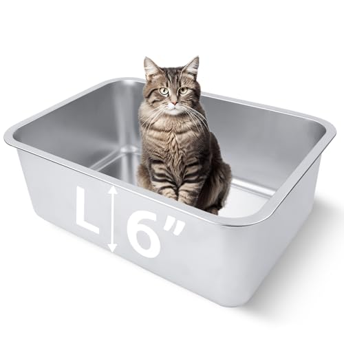 Stainless Steel Cat Litter Box 18"x14"x6" | For Adult Cats or Kitty/Kitten, Rust-Proof, High Side, Non Stick, No Smell, Easy to Clean - size: Large:17.5"L x 13.6"W x 6"H
