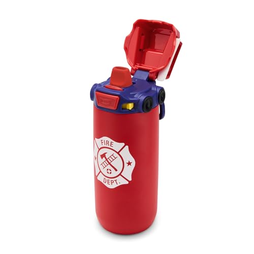 Ello Ellies 12oz Stainless Steel Leakproof Kids Water Bottle, Firetruck | Insulated kids water bottle with straw, leakproof locking lid, carry handle, and stainless steel fun design for school - color: Firetruck, size: 12 Ounces