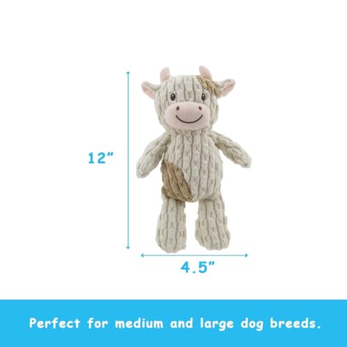 Linzy Plush Cow Dog Toy, Soft Squeaky Chew Toy for Small Medium Large Dogs, White and Tan, Interactive Pet Toy, 12 Inch
