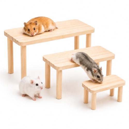 3-Piece Wooden Hamster Platforms – Large, Medium & Small Play Stands for Dwarf, Gerbils, Mice, Degus, Squirrels & Other Small Pets – Cage Accessories for Climbing, Chewing, Hiding & Exploring